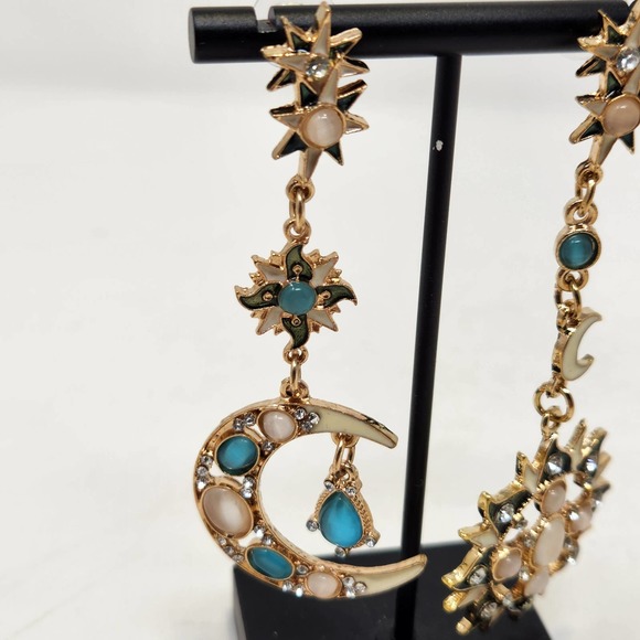 Crescent Moon Sun Dangle Post Earrings Gold Tone Cream Green Enamel Rhinestones - Picture 2 of 5